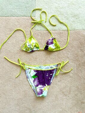 Burberry String Bikini Lime Green and Purple Floral Print Women's Medium
